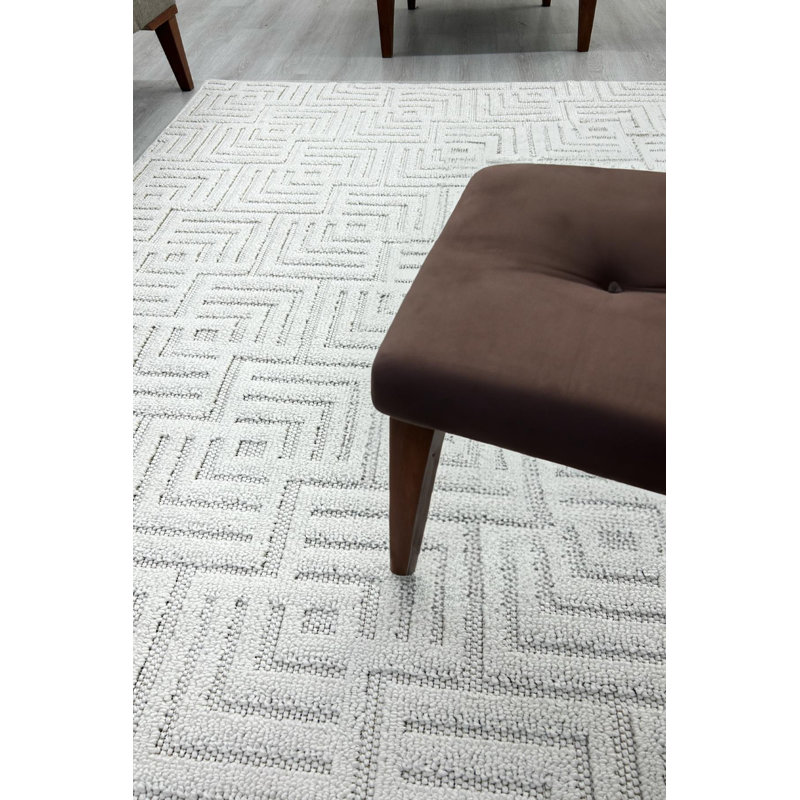 Shevonda White Geometric Shapes Machine Made Cotton Polyester Non-Slip Area Rug, Tapis de couloir 3 pi 3 po x 6 pi 7 po