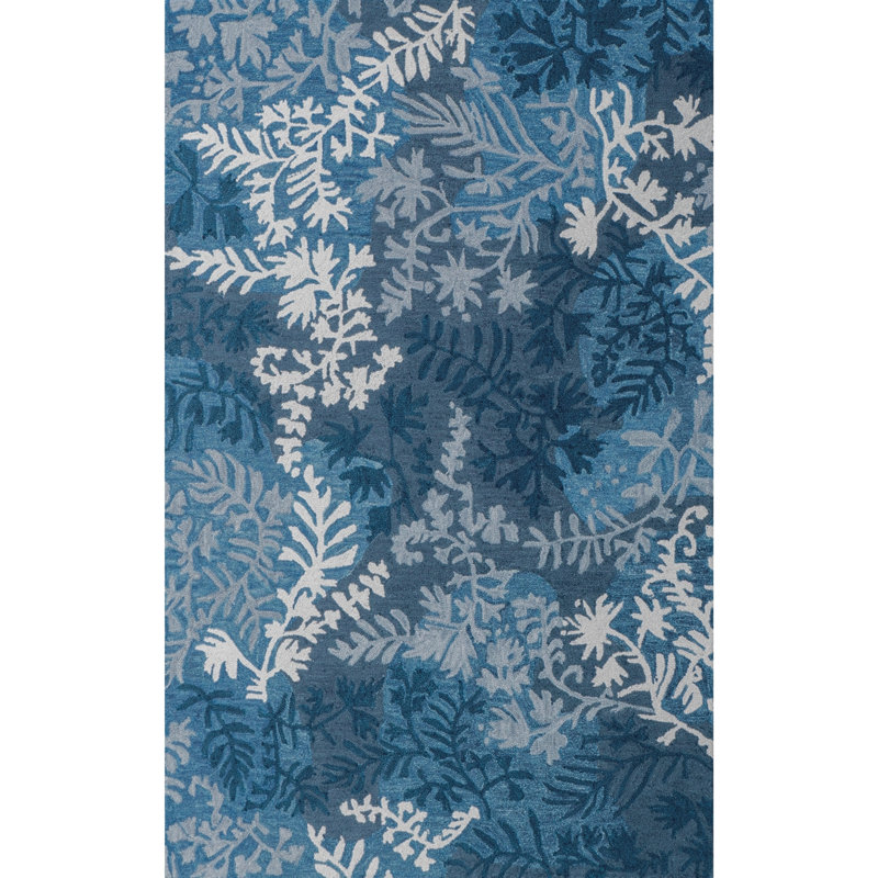 Florals Garden Damask Hand-Tufted Wool Floral Blue/White Area Rug, Rectangle 5' x 8'