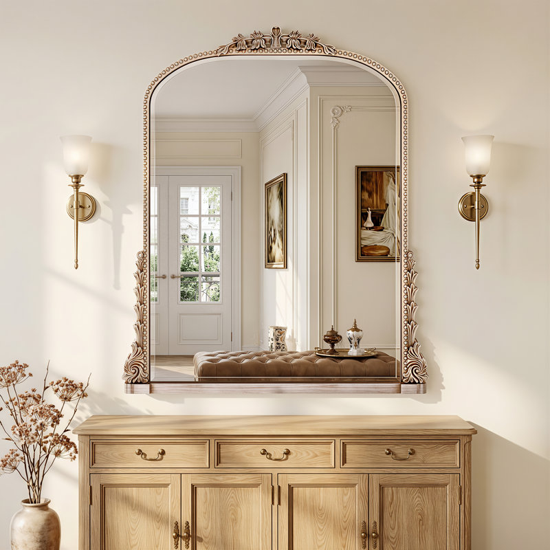Miroir de salle de bain rétro gravé, miroir mural arqué, 32"×40", Argent