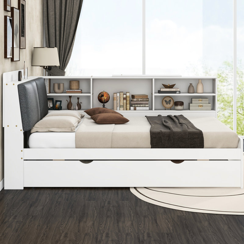 Lit en bois avec lit gigogne, tablettes et tête de lit blanche - Solution de rangement pour lit gigogne pleine grandeur