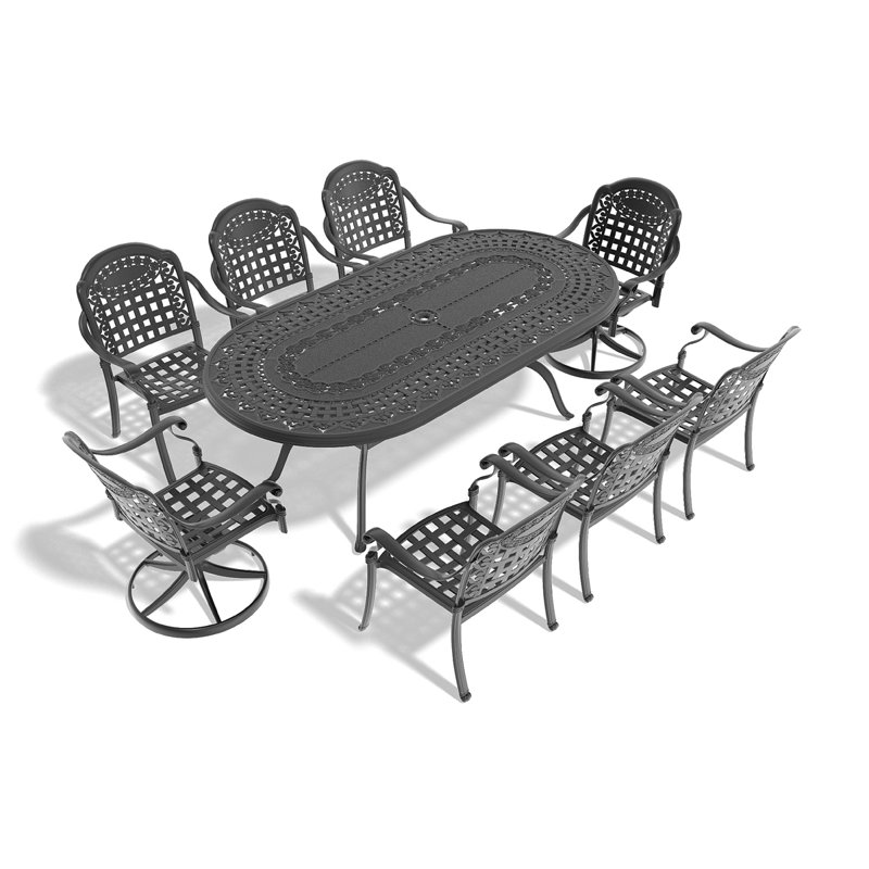 Ensemble de salle à manger 9 pièces en aluminium coulé toutes saisons comprenant 2 chaises pivotantes, 6 chaises de salle à manger et une table ovale avec structure noire (même numéro de pièce: W1710S00387)