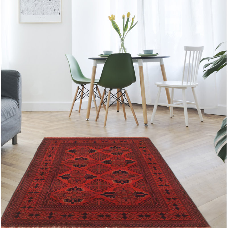 Tapis rouge foncé en laine noué à la main de conception unique 3 pi 4 po x 4 pi 8 po One Age