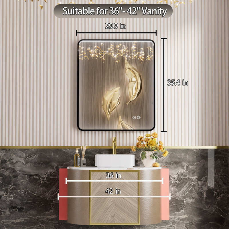 Miroir de salle de bain avec cadre en aluminium et éclairage à DEL, 36 po x 30 po, Noir