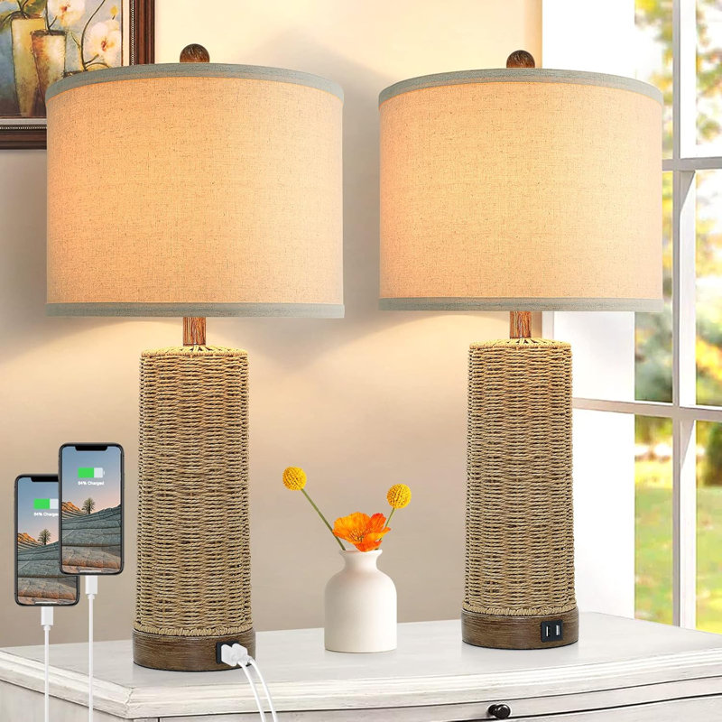 Ensemble de 2 lampes de table 26 "avec 2 ports USB et table de chevet en rotin pour salon