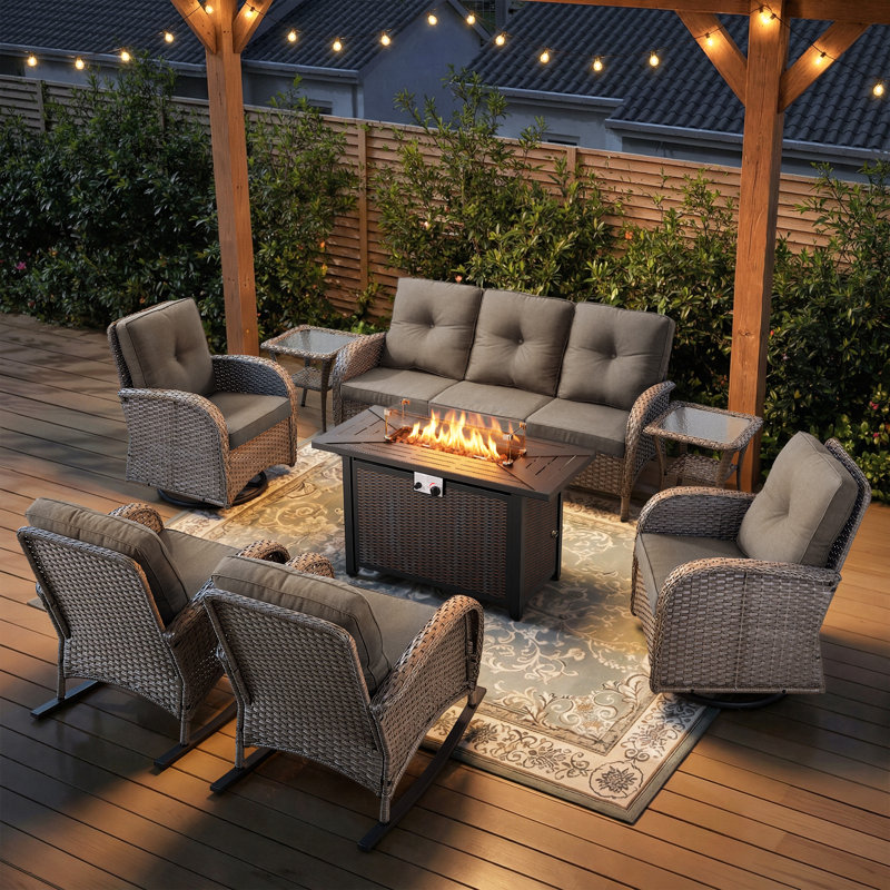 All-Weather Outdoor Wicker Porch Nighttime Family Fire Pit Set With Sofa, Rocking Chairs And Swivel Chairs, Gray