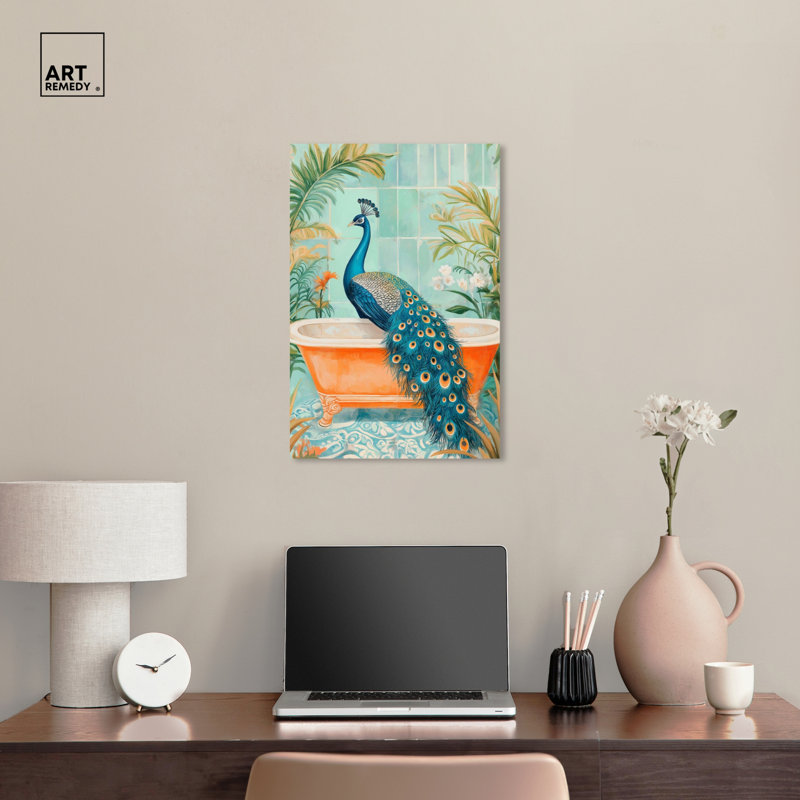 Elegant Peacock Bath Canvas Jungle Bathroom Art, Wrapped Canvas, 24" H x 16" W