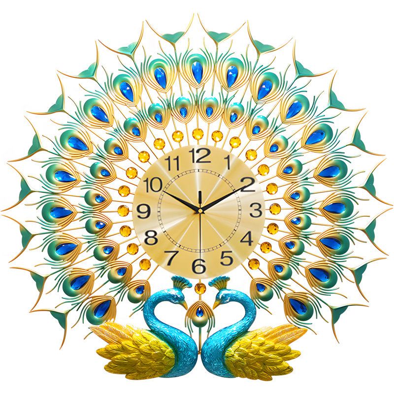 Grande horloge murale paon, grande horloge murale silencieuse en métal pour art de salon, 70 x 65 cm