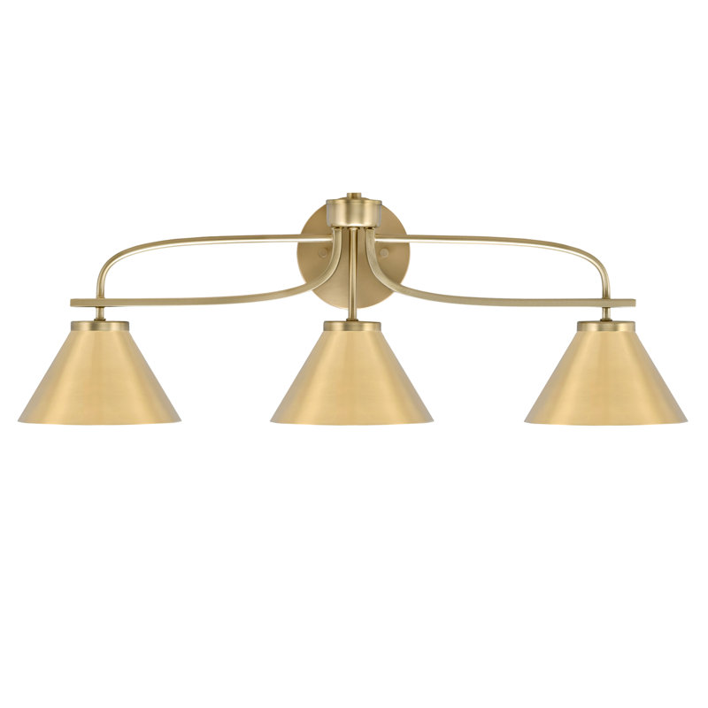 Cavella 3 Light Bath Bar Shown In New Age Brass Finish With 7" New Age Brass Cone Metal Shades