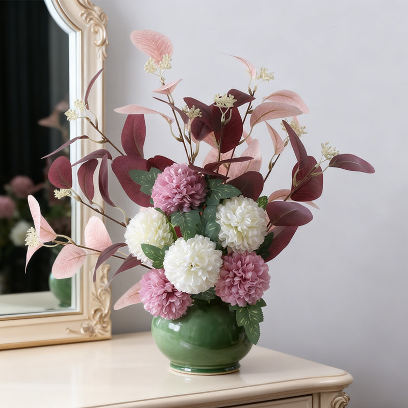 Bouquet de 1 bouquet de chrysanthème artificiel, verdure en soie simulée bicolore de 21 pouces, vase décoratif pour table de jardin pour la maison, cuisine, pourpre et blanc