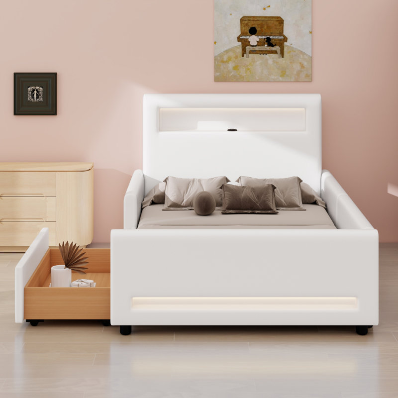 Modern Upholstered Platform Bed Featuring Under-Bed Drawer, Blanc