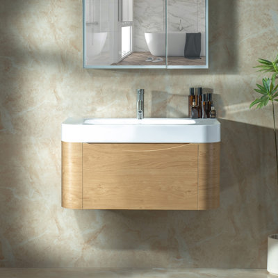 36" Wall-Mounted Floating Bathroom Vanity in Wood Finish with Integrated White Ceramic Top, Soft-Close Drawer, Rounded Edges, and Space-Saving Wall-Mount Design