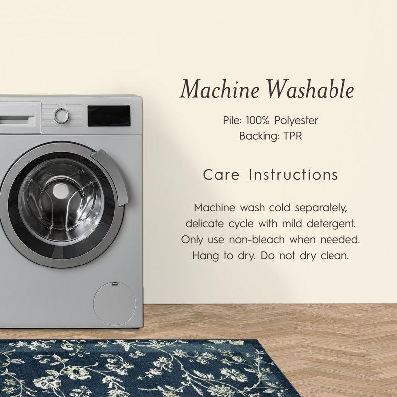 Dark Navy Floral Chenille Machine Washable Non-Slip Rug Set