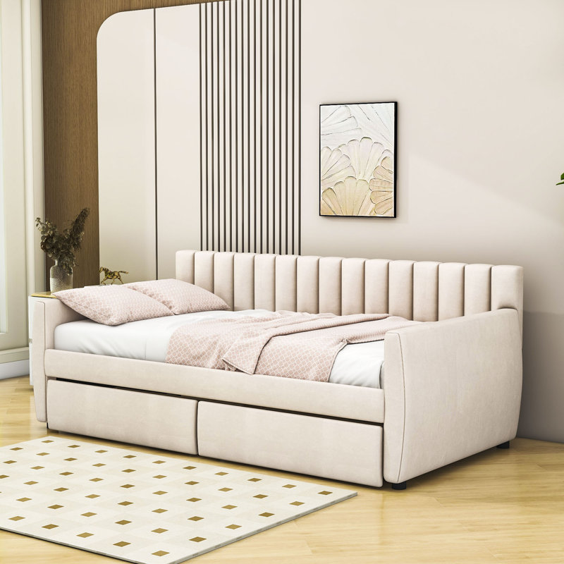 Lit de jour simple tapissier 2 tiroirs, Beige