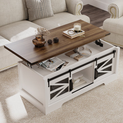 47.2" Lift Top Coffee Table, Farmhouse Living Room Table with Sliding Groove Barn Doors, Rustic Wood Center Table with Large Storage, White Rectangle Coffee Table for Living Room, Brown Top