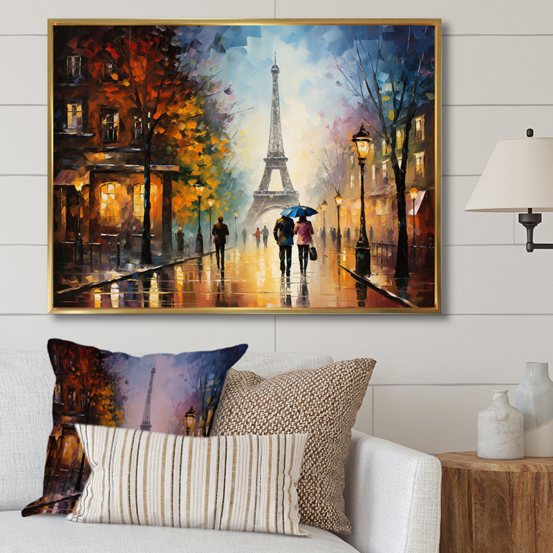 Couple romantique à Paris I - City Paris, art mural, Cadre flottant doré, H 12 po x l 20 po x P 1 po