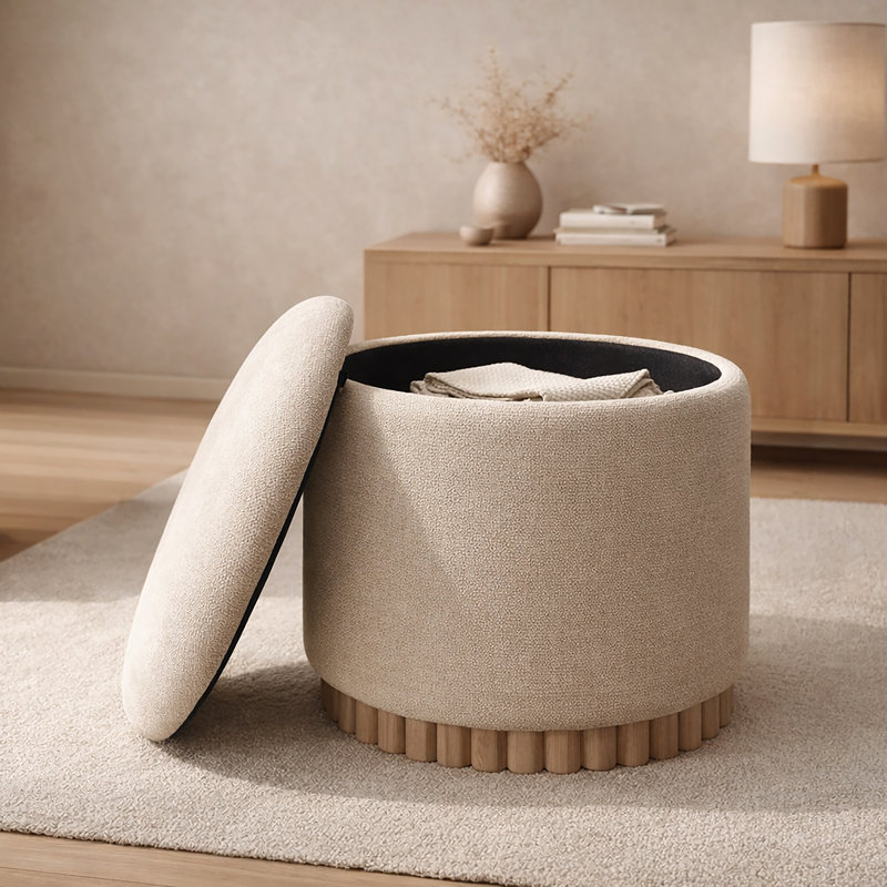Repose-pieds rond moderne en bois massif et tissu moderne, Repose-pieds moderne avec rangement - avoine / nat