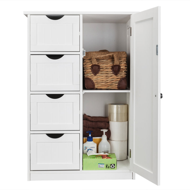 Armoire de salle de bain blanche à une porte avec 4 tiroirs - Élégante unité de rangement compacte pour la maison