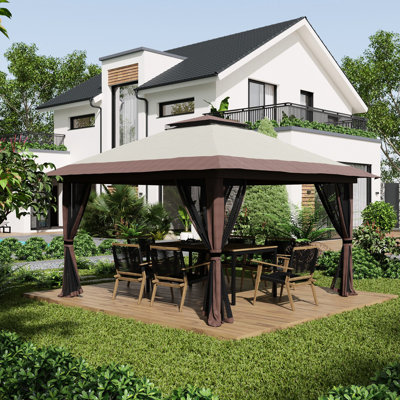 Gazebo pliable 4 m x 4 m, tente instantanée avec double toit. Protection UV50+, beige pour les loisirs en plein air. Sac de transport à roulettes, sacs à eau/sable et moustiquaire inclus. Parfait pour les cours de danse sur le toit.