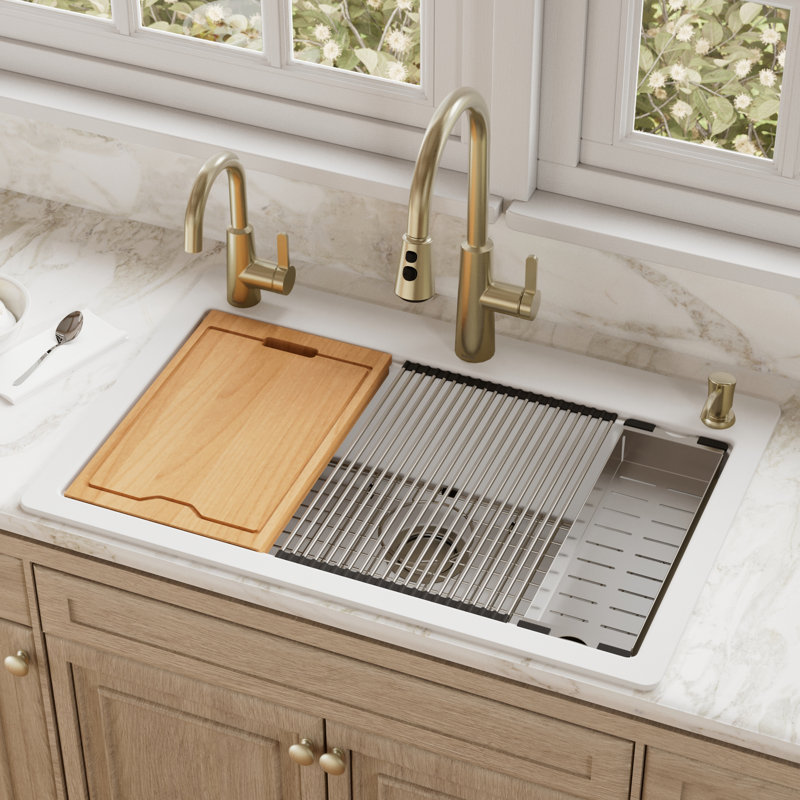 Évier de cuisine à simple cuve à montage sur plan 33 po x 22 po Karran Quartz, Blanc