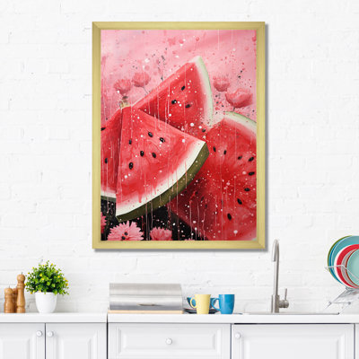 Fruit pastèque rose pointillisme encadré sur toile