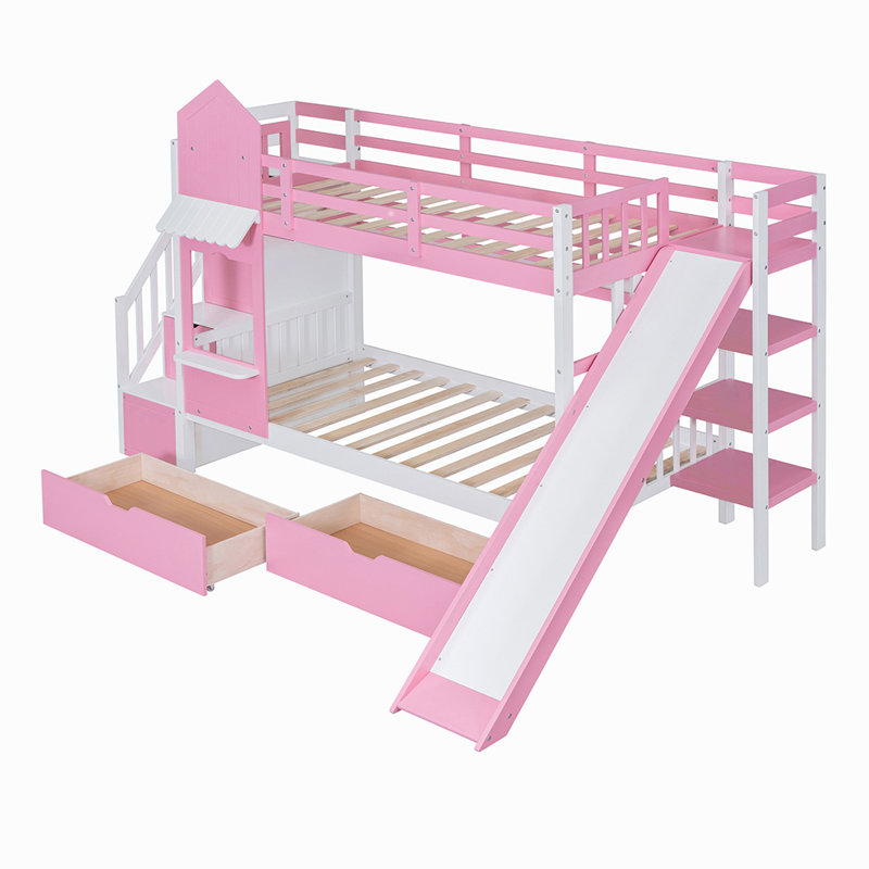 Anuradha Castle Style Bunk Bed with 2 Drawers 3 Shelves and Slide, Twin, Pink