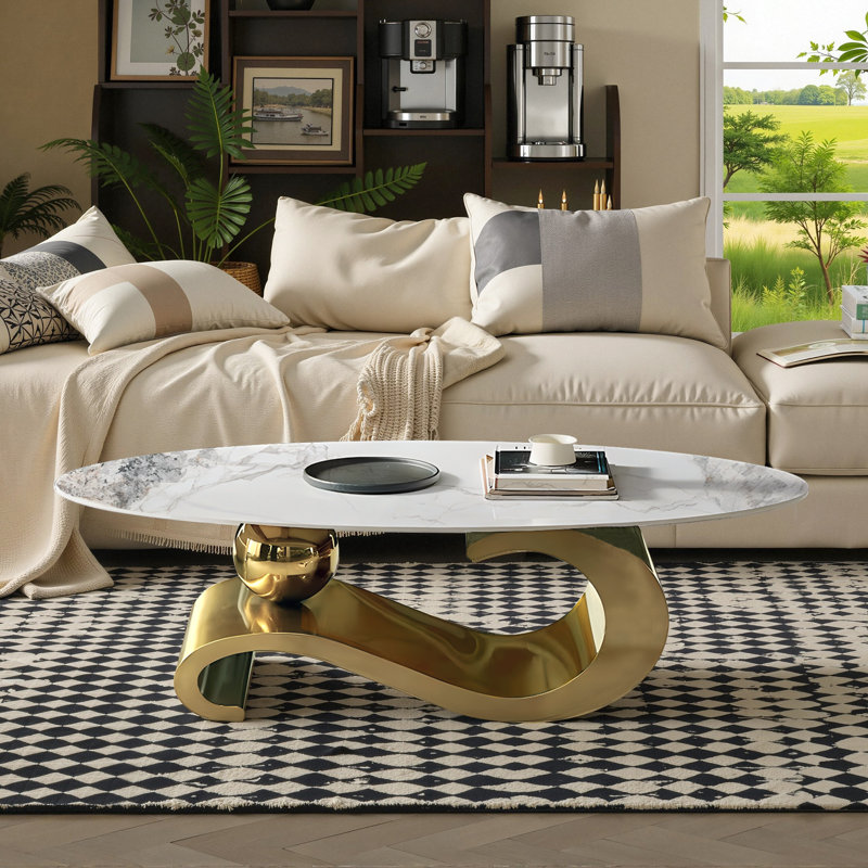 Table basse ovale de luxe de 51 po avec base et plateau en pierre frittée - Base en forme de note de musique, Gold