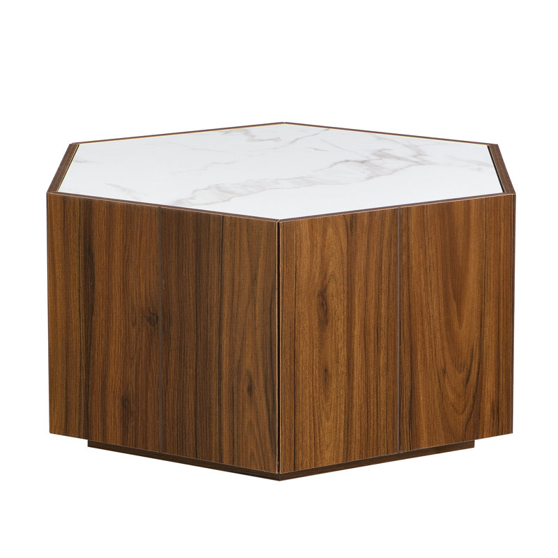 Hexagonal Rustic Retro Wood Coffee Table, White Top/Walnut Base