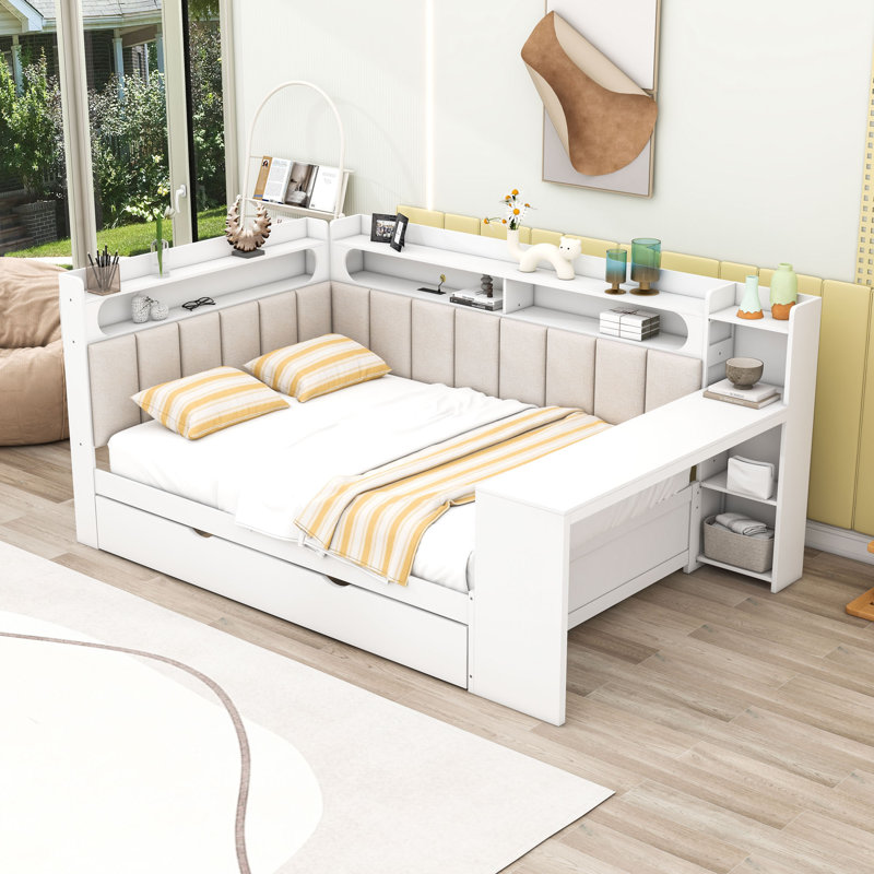 Full-Size Daybed with Built-in Storage, Desk, LED Lighting, and Charging Station, White