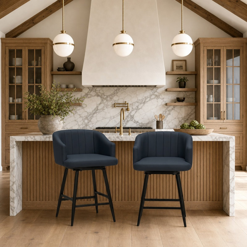Tabouret de bar pivotant Kazuya bleu orageux en similicuir, hauteur comptoir ou bar, Counter Stool (26" Seat Height)