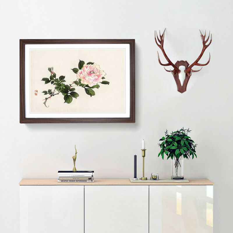 Pink Peony Flower by Kono Bairei - Framed Print, Walnut, 40cm H x 60cm W x 2cm D