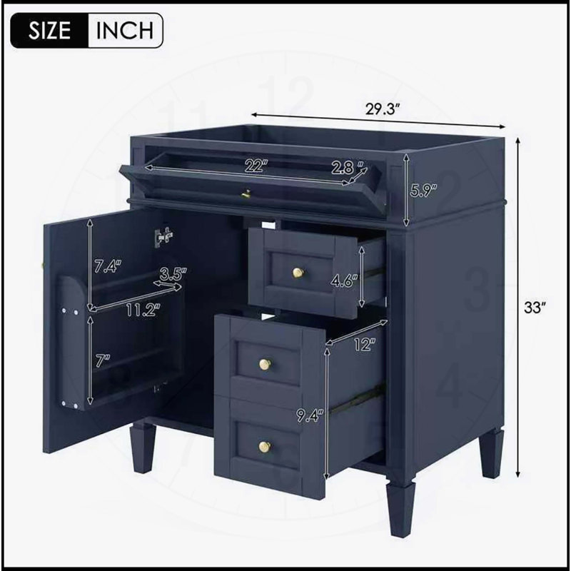 Bathroom Vanity without Top Sink, Blue, 33" H x 29.3" W x 17.87" D