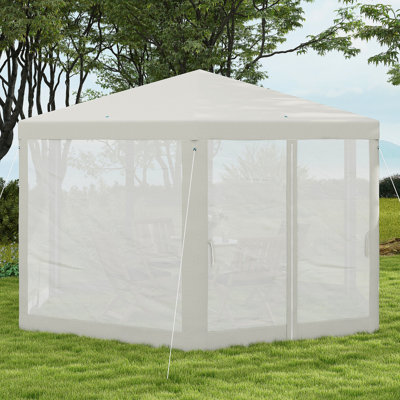 Auvent crème hexagonal d'extérieur blanc pour l'extérieur, 13 pi x 11 pi, avec parois de protection en filet, cordes et piquets pour abri de camping de 11 pi