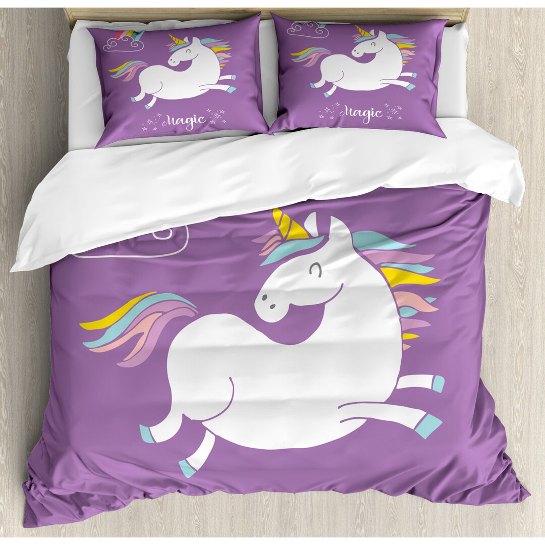 Bettbezug Set, Lila Kinder Regenbogen, Einhorn, Lavendel Weiß