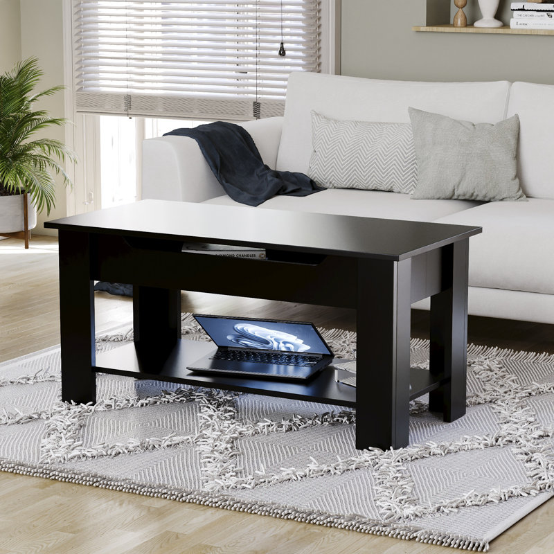 Anavictoria Lift Top Four Leg Coffee Table with Storage, Black, Black