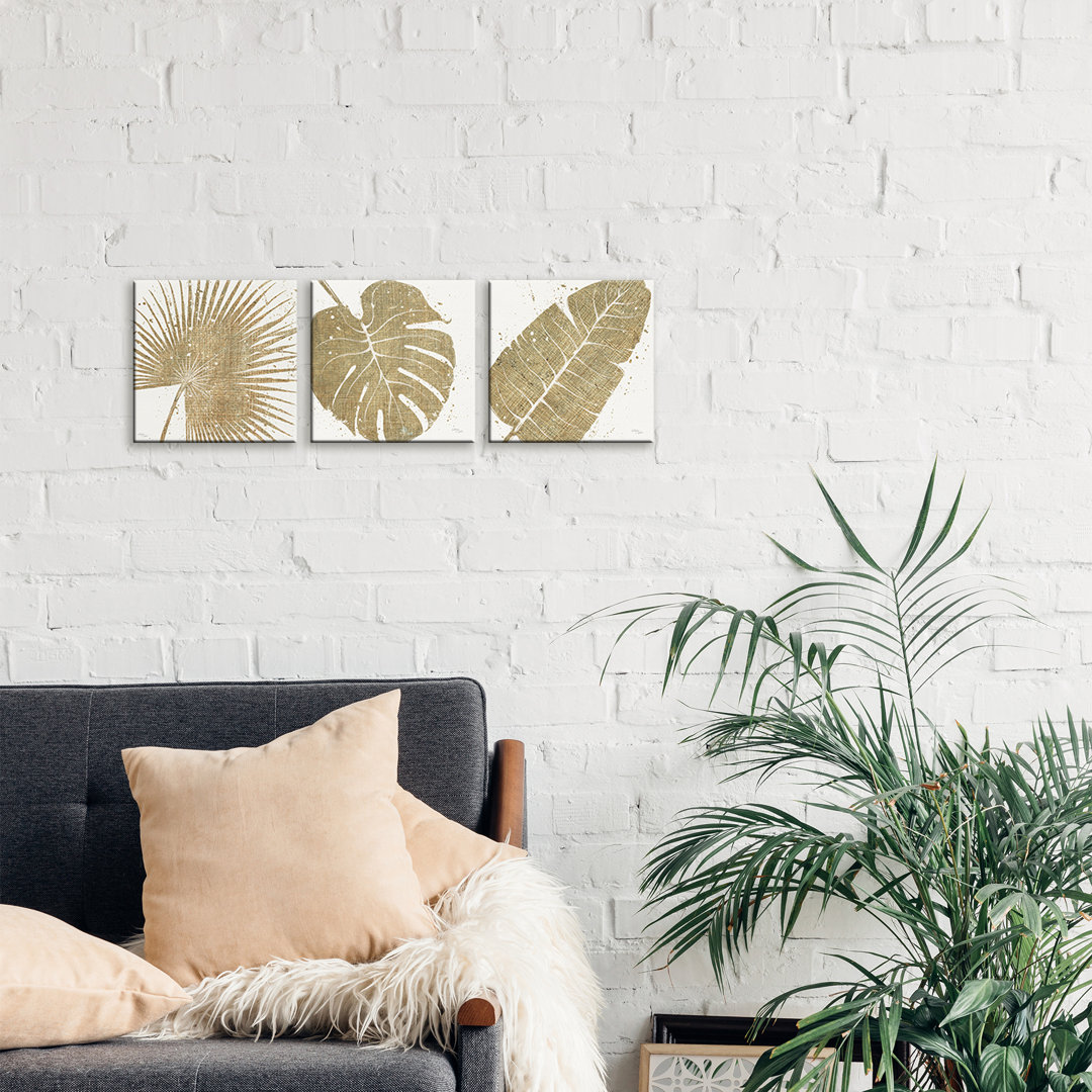 'Gold Leaves Triptych' 3 Piece Painting Set on Wrapped Canvas