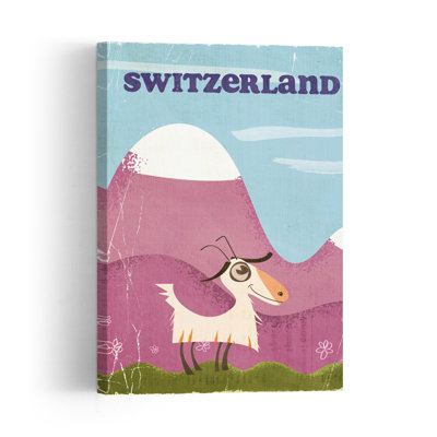 Chèvre de montagne suisse mignonne, style rétro rustique, affiche murale représentant un animal enjoué dans un paysage.
