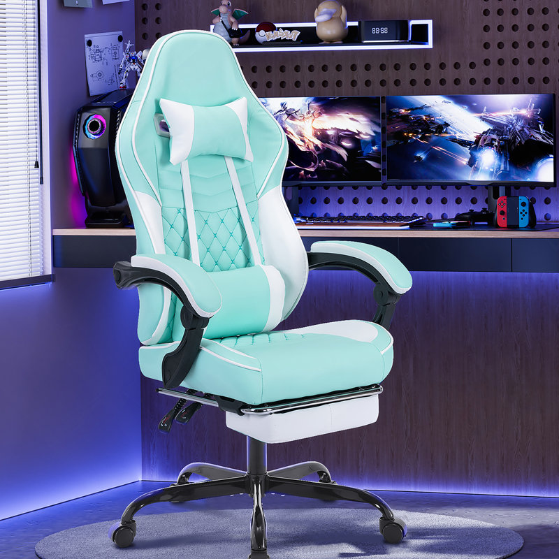 Fauteuils de jeu vidéo ergonomiques, chaises de jeu d'ordinateur avec support lombaire et repose-pieds de massage, appui-tête réglable pour ordinateur de style course pour adultes, vert