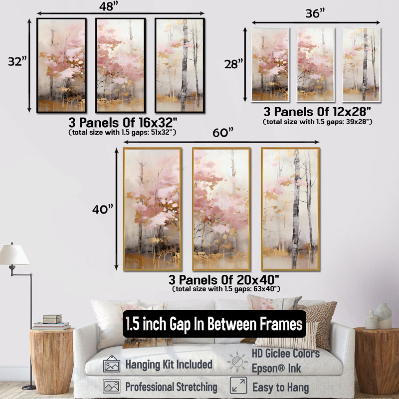 Minimalisme, forêt rose et or - ensemble d'art mural sur toile forêt, Cadre flottant noir, H 40 po x l 60 po x P 1 po