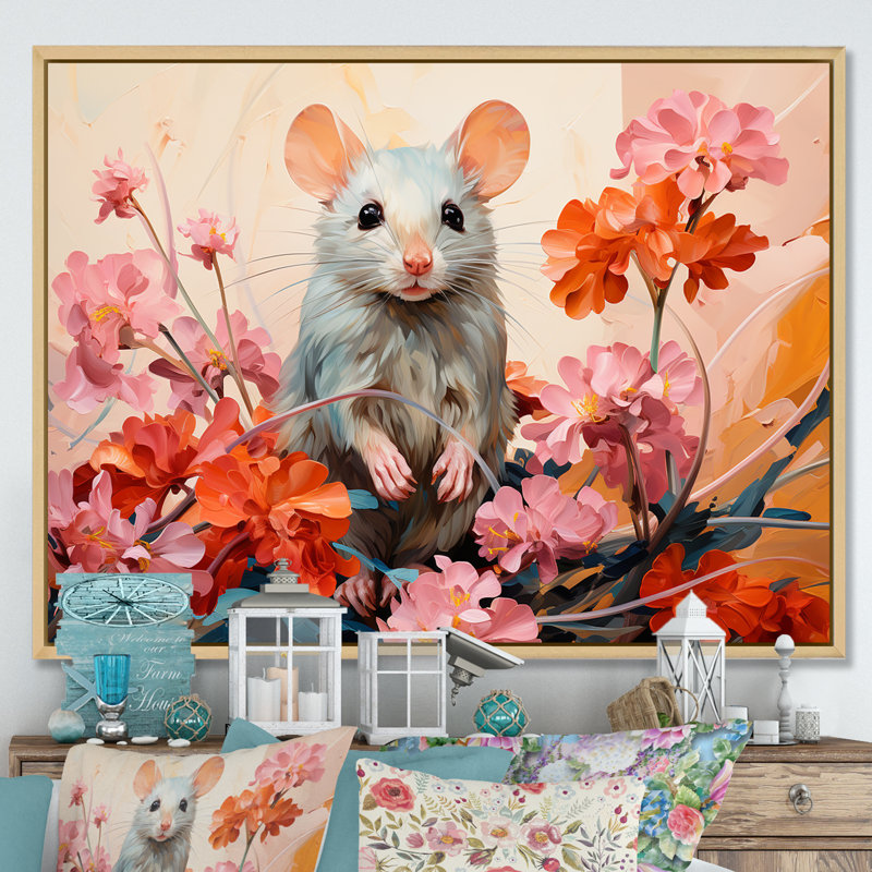 «Pink Curious Rat Blooms II - Mouse Animal», art mural, Cadre flottant brun, H 34 po x l 44 po x P 1,5 po
