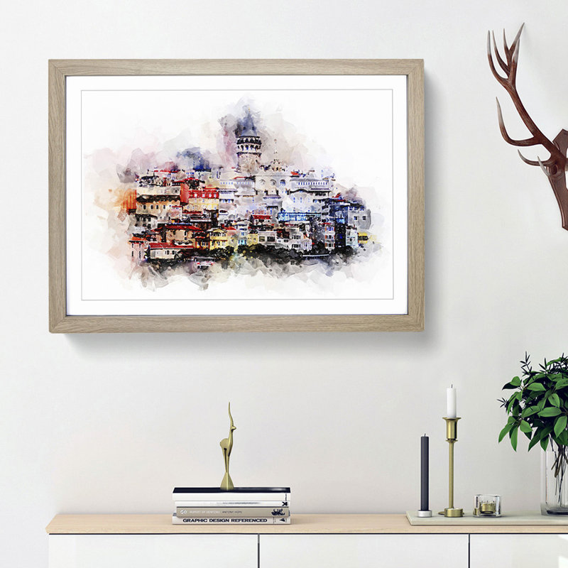 Galata Tower in Istanbul Turkey in Abstract - Picture Frame Painting Print on MDF, Oak Framed, 27cm H x 36cm W x 2cm D