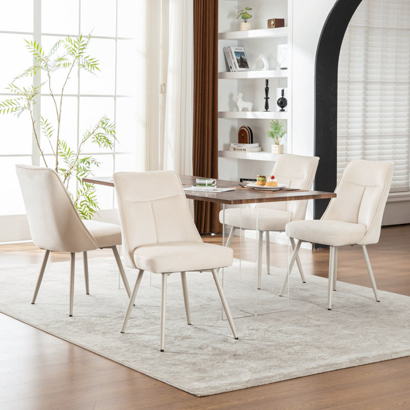 Modern Chenille Upholstered Dining Chairs Armless Side Chairs With Metal Frame For Kitchen Dining Room, 4, Cream 