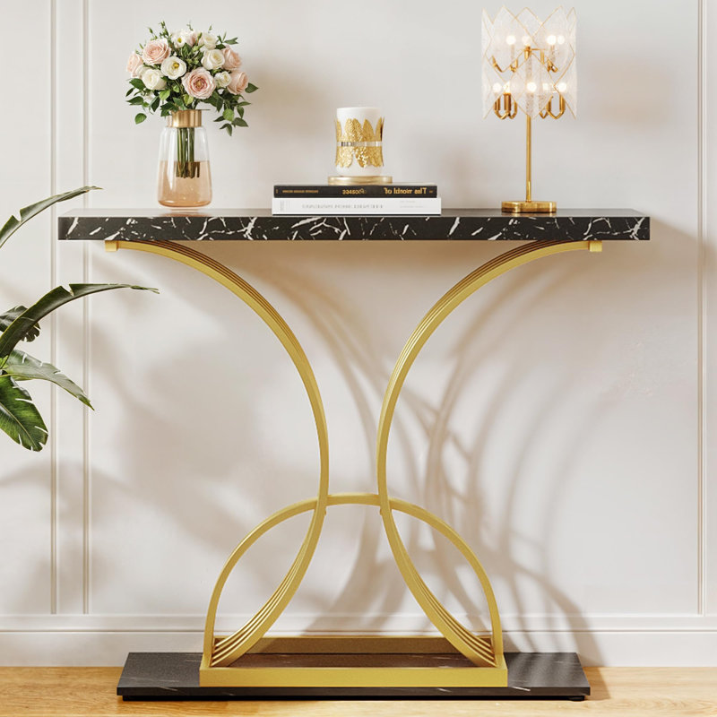 Bleckley 39.3" Console Table with Faux Marble Top & Gold Metal Frame, Black