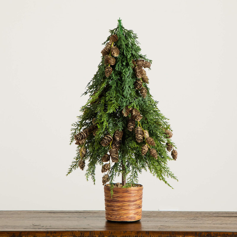 2Ft. Artificial Down Swept Cedar Christmas Tree With Pinecones In Rustic Decorative Planter