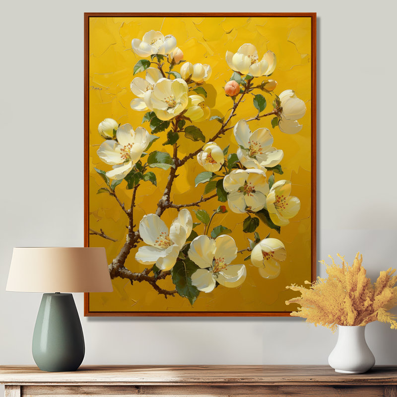  «Yellow Apple Blossom Blooming Beauty», reproduction d'art murale, Cadre flottant brun, H 24 po x l 32 po