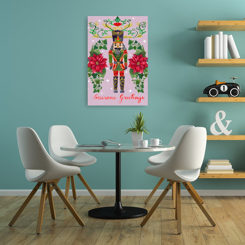 Festive Nutcracker Greetings Traditional Abstract Ivy Poinsettia Winter Landscape Wall Art Print 1 Piece Wrapped Canvas Wall Art