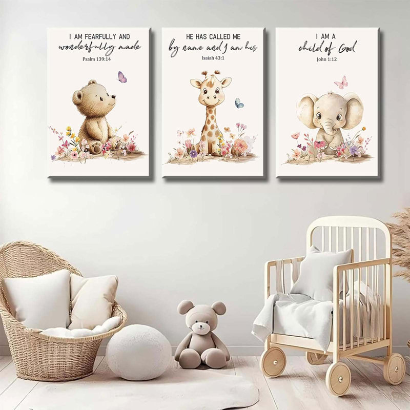 3Pcs Nursery Animal Bible Verse Canvas Wall Art Cute Bear Elephant Giraffe Wall Decor Pictures Christian Baby Nursery Posters Prints For Kids Room Home Decoration
