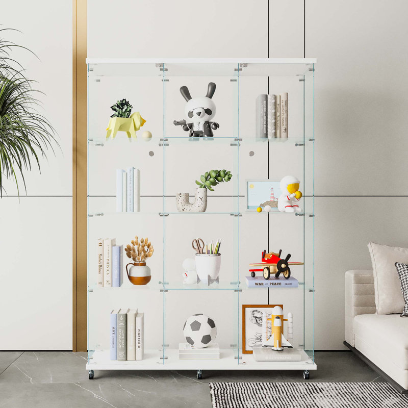 Armoire vitrée en verre avec 4 tablettes extra larges pour le salon, la chambre à coucher et le bureau, Blanc