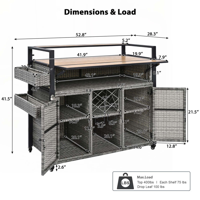 Chariot de barbecue extérieur en osier l 52,8 po avec plateau en bois synthétique, Gris
