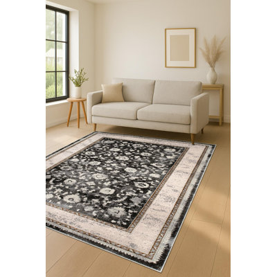  Tapis de chambre à coucher avec bordure traditionnelle 4 pi x 6 pi | Ivoire gris foncé