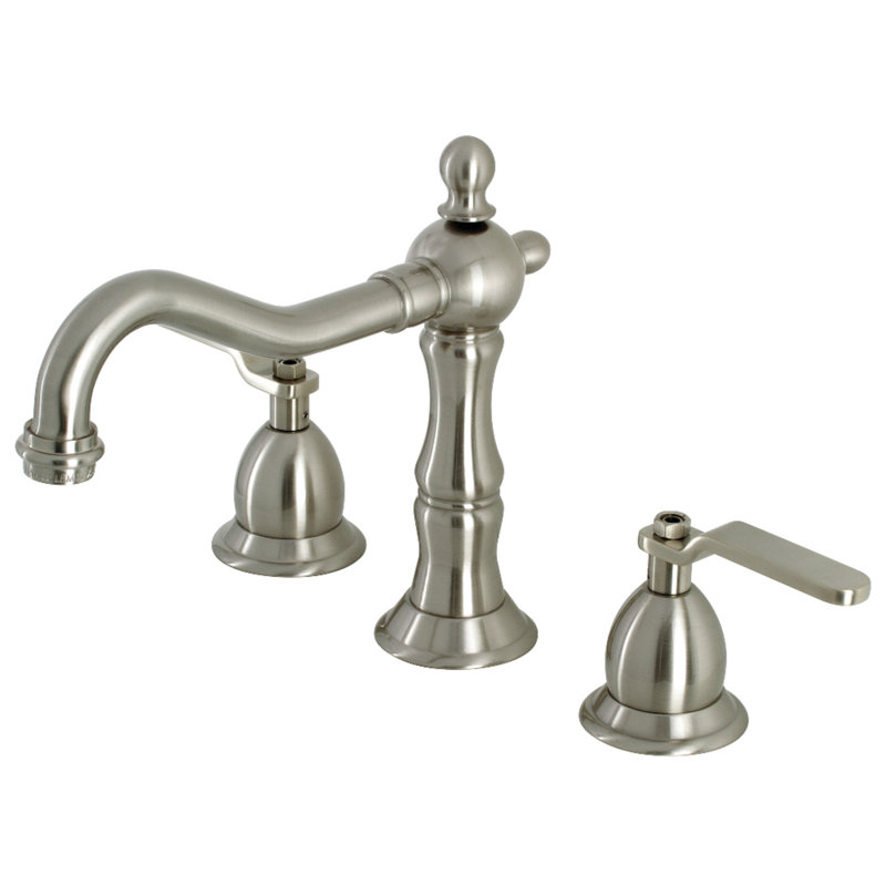 Kingston Brass Whitaker Two-Handle 3-Hole Deck Mount Widespread Bathroom Faucet with Brass Pop-Up Drain, Brushed Nickel